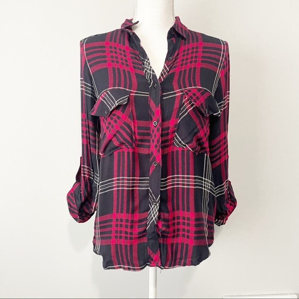 Zara black red plaid button down top size small flannel grunge - Picture 6 of 9